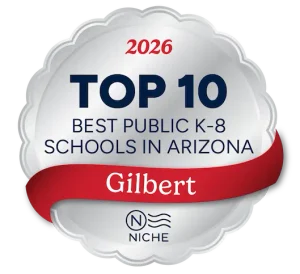 Badge showing Legacy Traditional Schools - Gilbert was voted Top 10 Best Public K-8 Schools in Arizona by Niche.com.